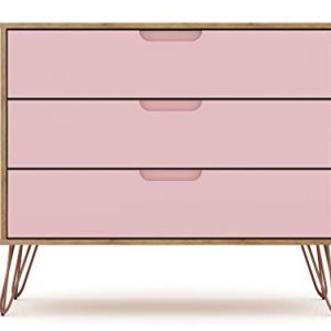 Manhattan Comfort Rockefeller Mid-Century Modern 3 Drawer Bedroom Dresser, 35.24", Nature/Rose Pink