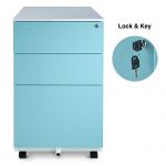 Aurora Mobile File Cabinet 3-Drawer Metal with Lock Key Sliding Drawer, White/Aqua Blue, Fully Assembled, Ready to Use