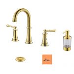 3-Hole Gold Bathroom Sink Faucet Widespread, Solid Brass 2 Handles Vanity Lavatory Vessel Faucets with Pop Up Drain Assembly and Soap Dispenser, APPASO