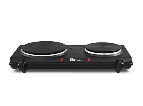 Maxi-Matic Countertop Double Electric Hot Burner Dual Temperature Controls, Flat cast iron heating plates, Power Indicator Lights, Easy to Clean, 1500 Watts, Black