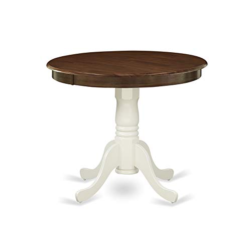 East West Furniture AMT-WLW-TP Antique Dining Made of Rubber Wood offering Walnut Finish Table Top, 36 Inch Round, Linen White Pedestal