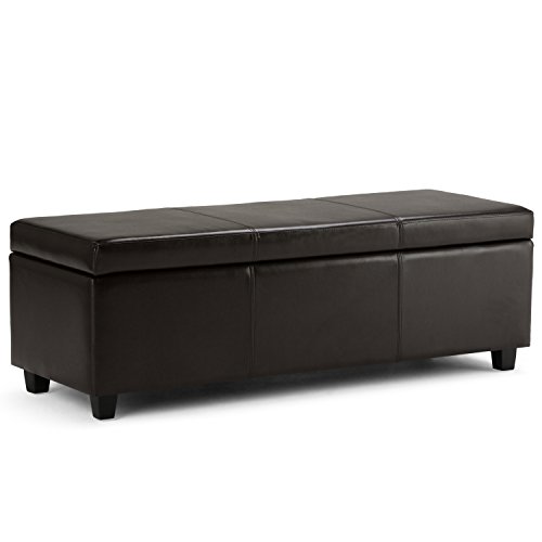 Simpli Home Avalon 48 inch Wide Rectangle Lift Top Storage Ottoman Bench in Upholstered Tanners Brown Faux Leather with Large Storage Space for the Living Room, Entryway, Bedroom, Contemporary