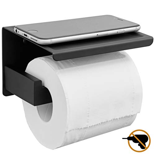HITSLAM Matte Black Toilet Paper Holder Adhesive, 3M Toilet Paper Holder with Shelf, 3M Adhesive No Drill or Wall-Mounted with Screws for Bathroom & Kitchen