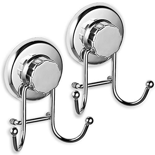 HASKO accessories - Powerful Vacuum Suction Cup Hook Holder - Organizer for Towel, Bathrobe and Loofah - Strong Stainless Steel Hooks for Bathroom & Kitchen, Towel Hanger Storage, Chrome (2 Pack)