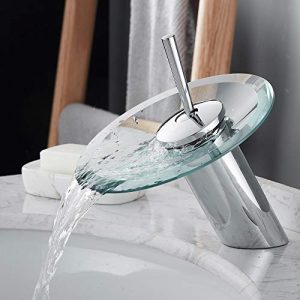 RODDEX Waterfall Bathroom Sink Faucet Solid Brass Glass One Handle Single Hole Basin Vanity Bathroom Faucet, Short, Blue+Chrome