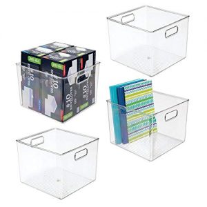 mDesign Plastic Storage Container Bin with Carrying Handles for Home Office, Filing Cabinets, Shelves - Organizer for School Supplies, Pens, Pencils, Notepads, Staplers, Envelopes, 4 Pack - Clear