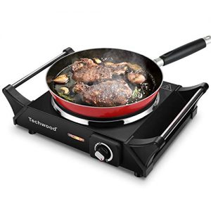Techwood Hot Plate Electric Single Burner Portable Burner, 1500W with Adjustable Temperature, Stay Cool Handles, Non-Slip Rubber Feet, Black Stainless Steel Easy To Clean, Upgraded Version ES-3103 (Black Burner)