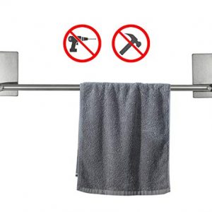 NearMoon Self Adhesive Bathroom Towel Bar- Stainless Steel Bath Wall Shelf Rack Hanging Towel Stick On Sticky Hanger Contemporary Style, NO Drilling (Brushed Nickel Finish, 16-Inch Towel Rack)