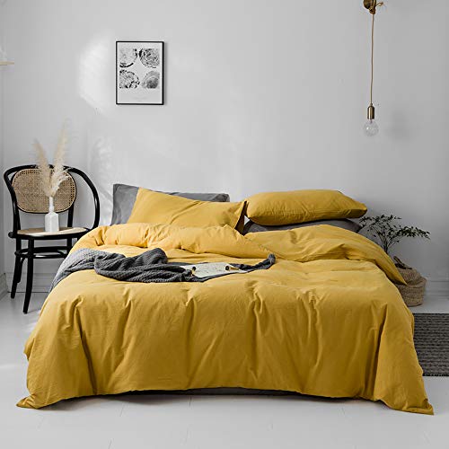 Cotton Queen Duvet Cover Solid Yellow Bedding Sets 100% Washed Cotton Comforter Cover Hotel Quality Luxury Bedding Sets 1 Duvet Cover 2 Pillowcases Yellow Solid Comforter Cover Bedroom Set