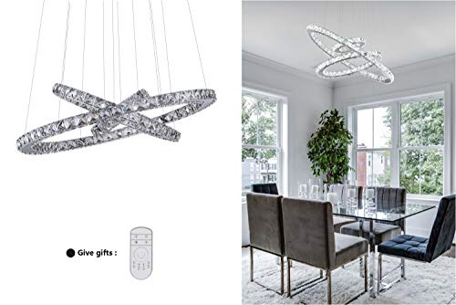 KAI Crystal Chandelier Island Pendant Light Dimmable with Remote Control Temperature Adjustable LED Contemporary Lamp with 72W 8640LM 3 Rings Modern Flush Mount Ceiling Lighting for Dining Room