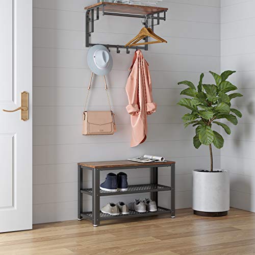 VASAGLE Industrial Shoe Bench, 3-Tier Shoe Rack, Storage Organizer VASAGLE Industrial Shoe Bench, 3-Tier Shoe Rack, Storage Organizer with Seat, Wood Look Accent Furniture with Metal Frame, for Entryway, Living Room, Hallway ULBS73X.