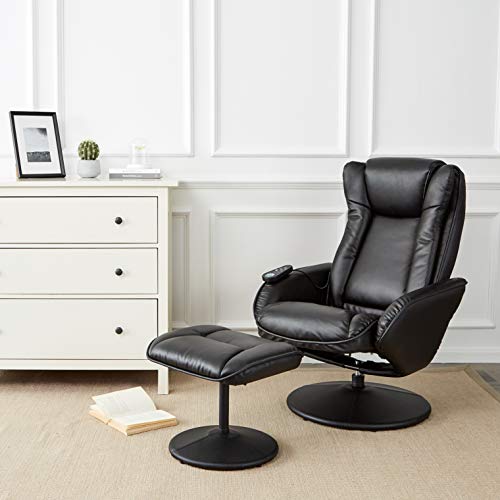 JC Home Drammen Massaging Leather Recliner and Ottoman JC Home Drammen Massaging Leather Recliner and Ottoman with Leather-Wrapped Base, Obsidian Black.