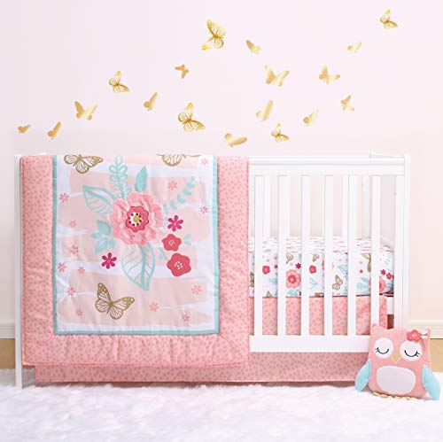 The Peanutshell Aflutter Crib Bedding Set | 3 Piece Floral Nursery Set | Baby Blanket, Crib Sheet, Crib Skirt Included