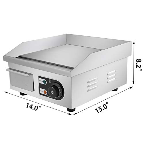 VEVOR 14inch Electric Countertop Flat Top Griddle VEVOR 14inch Electrical Countertop Flat High Griddle 110V 1500W Non-Stick Business Restaurant Teppanyaki Grill Stainless Metal Adjustable Temperature Management 122°F-572°F, Sliver.