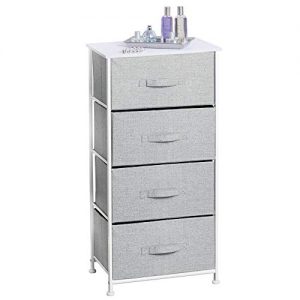mDesign Vertical Dresser Storage Tower - Sturdy Steel Frame, Wood Top, Easy Pull Fabric Bins - Organizer Unit for Bedroom, Hallway, Entryway, Closets - Textured Print - 4 Drawers, Gray/White