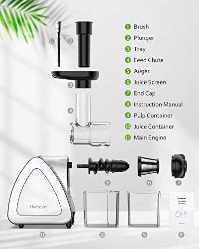 Juicer Machines, Homever Slow Masticating Juicer Extractor Easy to Clean Juicer Machines, Homever Gradual Masticating Juicer Extractor Simple to Clear, Chilly Press Juicer for All Fruit and Vegetable, BPA-Free, Quiet Motor and Reverse Operate with Juice Jug &amp; Brush, Silver.