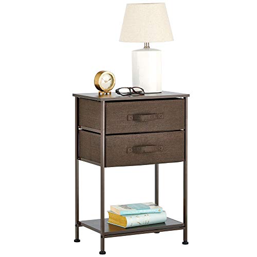 mDesign Night Stand/End Table Storage Tower - Sturdy Steel Frame, Wood Top, Easy Pull Fabric Bins - Organizer Unit for Bedroom, Hallway, Entryway, Closets - Textured Print - 2 Drawers, Shelf - Brown
