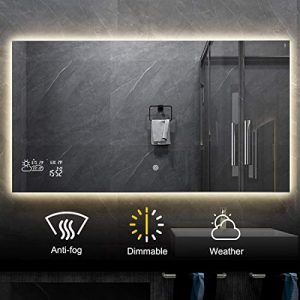 BYECOLD Horizontal Vanity Bathroom Mirror with Dimmable LED Light Touch Switch Demister Weather Forecast Lighted Makeup Mirror Wall Mirror-47.2''x 23.6''