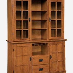 Home Style Arts and Crafts Buffet and Hutch with Cottage Oak Finish, Wine Glass Rack, Wood Panel Doors, Two Drawers, and Adjustable Shelves