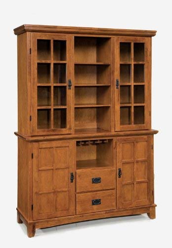 Home Style Arts and Crafts Buffet and Hutch with Cottage Oak Finish, Wine Glass Rack, Wood Panel Doors, Two Drawers, and Adjustable Shelves
