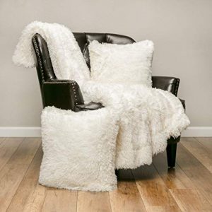 Chanasya 3-Piece Shaggy Throw Blanket Pillow Cover Set - Chic Fuzzy Faux Fur Sherpa Throw (50x65 Inches) 2 Throw Pillow Covers (18x18 Inches) for Bed Couch - Ivory White