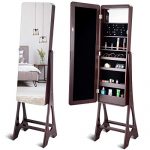 Giantex 15 LED Jewelry Armoire Cabinet with Full Length Mirror, Wooden Bedroom Bathroom Floor Mirror Stand, Jewelry Cabinet Storage with Inner Mirror, Ring Slots, Lipstick Holders (Brown)