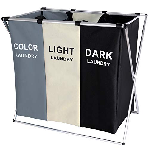 BRIGHTSHOW 135L Laundry Cloth Hamper Sorter Basket BRIGHTSHOW 135L Laundry Cloth Hamper Sorter Basket Bin Foldable 3 Sections with Aluminum Frame 62cm × 37cm x 58cm Washing Storage Dirty Clothes Bag for Bathroom Bedroom Home (White+Grey+Black).