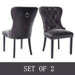 Upholstered Velvet Dining Chairs with Luxurious Button and Nailhead Set of 2, Wing Back Dining Chairs with Ring for Dining Room/Kitchen/Living Room (Dark Gray)