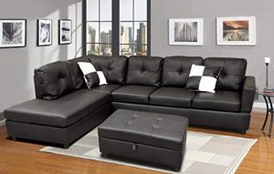 Sofa Sectional Sofa, L-Shape Faux Leather Sectional Sofa Couch Set with Chaise, Ottoman, 2 Toss Pillow Using for Living Room Furniture.（Black）
