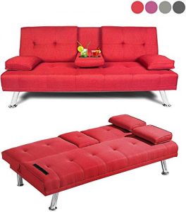 AnSettle 66'' Convertible Sofa Bed, Folding Upholstered Sleeper Sofa with Metal Legs and 2 Cup Holders Linen Blend Sofa Couch for Living Room, Bedroom, Office (Red)