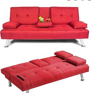 AnSettle 66'' Convertible Sofa Bed, Folding Upholstered Sleeper Sofa with Metal Legs and 2 Cup Holders Linen Blend Sofa Couch for Living Room, Bedroom, Office (Red)