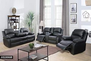 Lifestyle Furniture 3-Pieces Reclining Living Room Sofa Set,Drop Down Table, Bonded Leather, Black(LS2890B-3PC)
