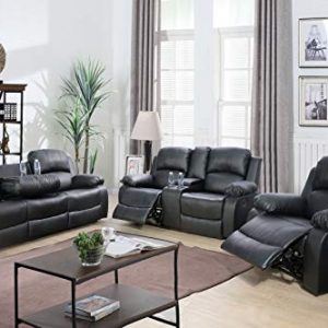 Lifestyle Furniture 3-Pieces Reclining Living Room Sofa Set,Drop Down Table, Bonded Leather, Black(LS2890B-3PC)