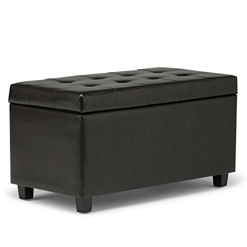 Simpli Home Cosmopolitan 34 inch Wide Rectangle Lift Top Storage Ottoman in Upholstered Tanners Brown Tufted Faux Leather, Footrest Stool, Coffee Table for the Living Room, Bedroom and Kids Room