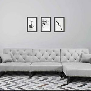 Upholstered Mid Century Sectional Sofa Futon Couch with Reversible Chaise with Adjustable Back Sofa Bed (Grey)