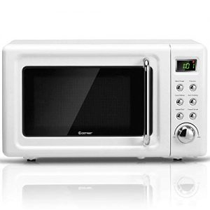 COSTWAY Retro Countertop Microwave Oven, 0.7Cu.ft, 700-Watt, Cold Rolled Steel Plate, 5 Micro Power, Delayed Start Function, with Glass Turntable & Viewing Window, LED Display, Child Lock (White)