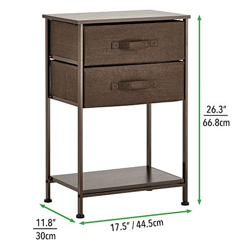 mDesign Night Stand/End Table Storage Tower - Sturdy Steel Frame mDesign Night Stand/End Table Storage Tower - Sturdy Steel Frame, Wood Top, Easy Pull Fabric Bins - Organizer Unit for Bedroom, Hallway, Entryway, Closets - Textured Print - 2 Drawers, Shelf - Brown.