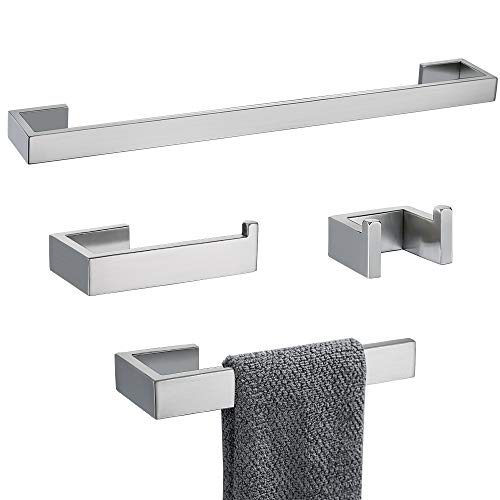 TNOMS 4 Pieces Bathroom Hardware Accessories Set Towel Bar Towel Holder Robe Hook Toilet Paper Holder Stainless Steel,Q8-P4BR