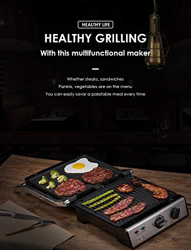 DEIK Panini Press, 6-in-1 Smokeless Indoor Grill DEIK Panini Press, 6-in-1 Smokeless Indoor Grill with Timer and Temperature Management, four Non-Stick Detachable Plates, Opens 180 Levels for Panini, Grilled Meat, Steaks.