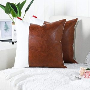 Mandioo Pack of 2 Luxury Faux Leather and Cotton Decorative Throw Pillow Covers Set Cushion Cases Pillowcases for Couch Sofa Bedroom Car 20x20 Inches,Brown White