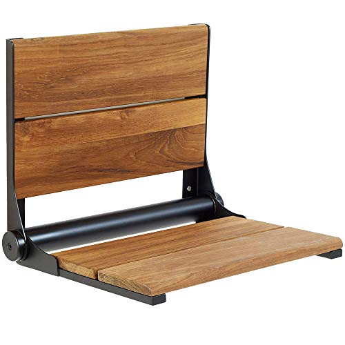 Lifeline Teak Wood Folding Shower Seat - Wall Mounted Bench/Bathroom Safety & Mobility Aid/Easy to Fold Down/Seniors & Disabled/ADA Compliant/304 Stainless Steel/Black Matte Frame/26 x 16 inch