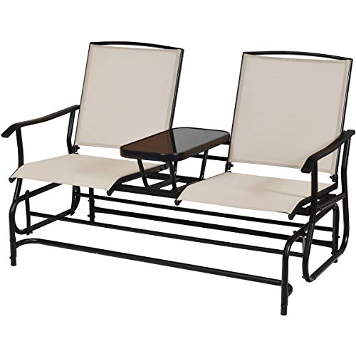 Giantex Patio Glider Chair Outdoor W/Mesh Fabric and Center Tempered Glass Table Rocking Loveseat for Patio, Garden, Poolside, Balcony Swing Rocking Chair (Beige)