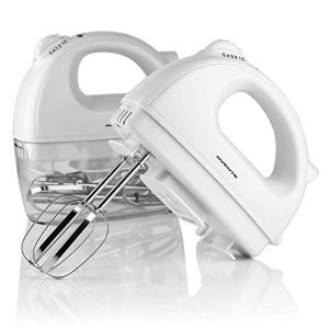 Ovente Electric Hand Mixer with 2 Stainless Steel Chrome Beaters and Extra Snap-On Case Storage, Powerful 200 Watts Motor with 5 Mixing Speeds, Great for Whipping, Dough, and More, White (HM161W)