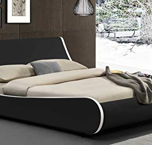 Amolife Modern Full Platform Bed Frame with Adjustable Headboard,Mattress Foundation Deluxe Solid Faux Leather Bed Frame with Wood Slat Support (Black with White Border, Full)