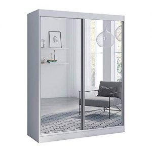 Aria 2 Door 59" Wide Modern High Gloss Wardrobe Armoire (White with Mirror/Mirror)