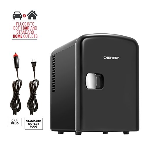 Chefman Mini Portable Compact Personal Fridge Cools and Heats Chefman Mini Portable Compact Personal Fridge Cools &amp; Heats, 4 Liter Capacity Chills Six 12 oz Cans, 100% Freon-Free &amp; Eco Friendly, Includes Plugs for Home Outlet &amp; 12V Car Charger, Black.