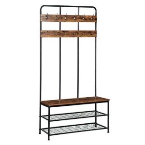 HOOBRO Coat Rack Shoe Bench, Pipe Style Hall Tree with 12 Hooks, Multifunctional Entryway Storage Shelf, Large Size, Wood Look Accent Furniture with Metal Frame, Easy Assembly, Rustic Brown BF05MT01