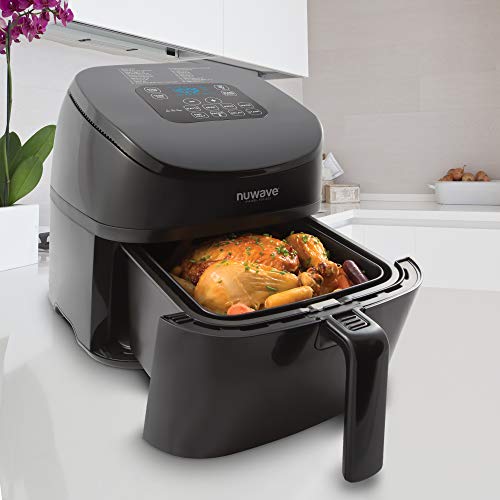NUWAVE BRIO 4.5-Quart Digital Air Fryer includes Nuwave Cooking Club App NUWAVE BRIO 4.5-Quart Digital Air Fryer contains Nuwave Cooking Membership App, one-touch digital controls, 6 simple presets, exact temperature management, recipe e-book, wattage management, and superior features like PREHEAT, REHEAT extra.