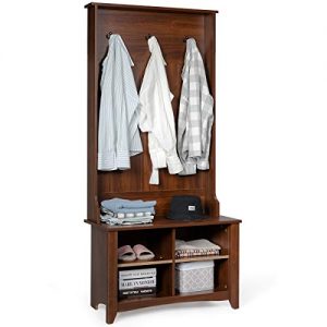 Tangkula Hall Tree, Entryway Wooden Hall Tree with Storage Bench, Entryway Storage Organizer, Coat Rack Shoes Bench with 3 Hooks, Perfect for Entryway, Dorm Room, Apartment (Brown)