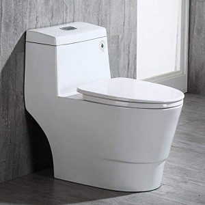WOODBRIDGE T-0019, Dual Flush Elongated One Piece Toilet with Soft Closing Seat, Comfort Height, Water Sense, High-Efficiency, Rectangle Button, Cotton White